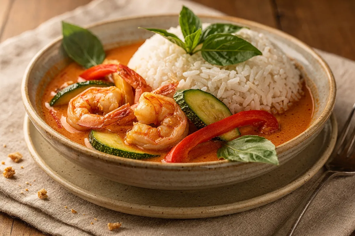 Illustration of Thai Red Curry Shrimp with Vegetables (not a photo)