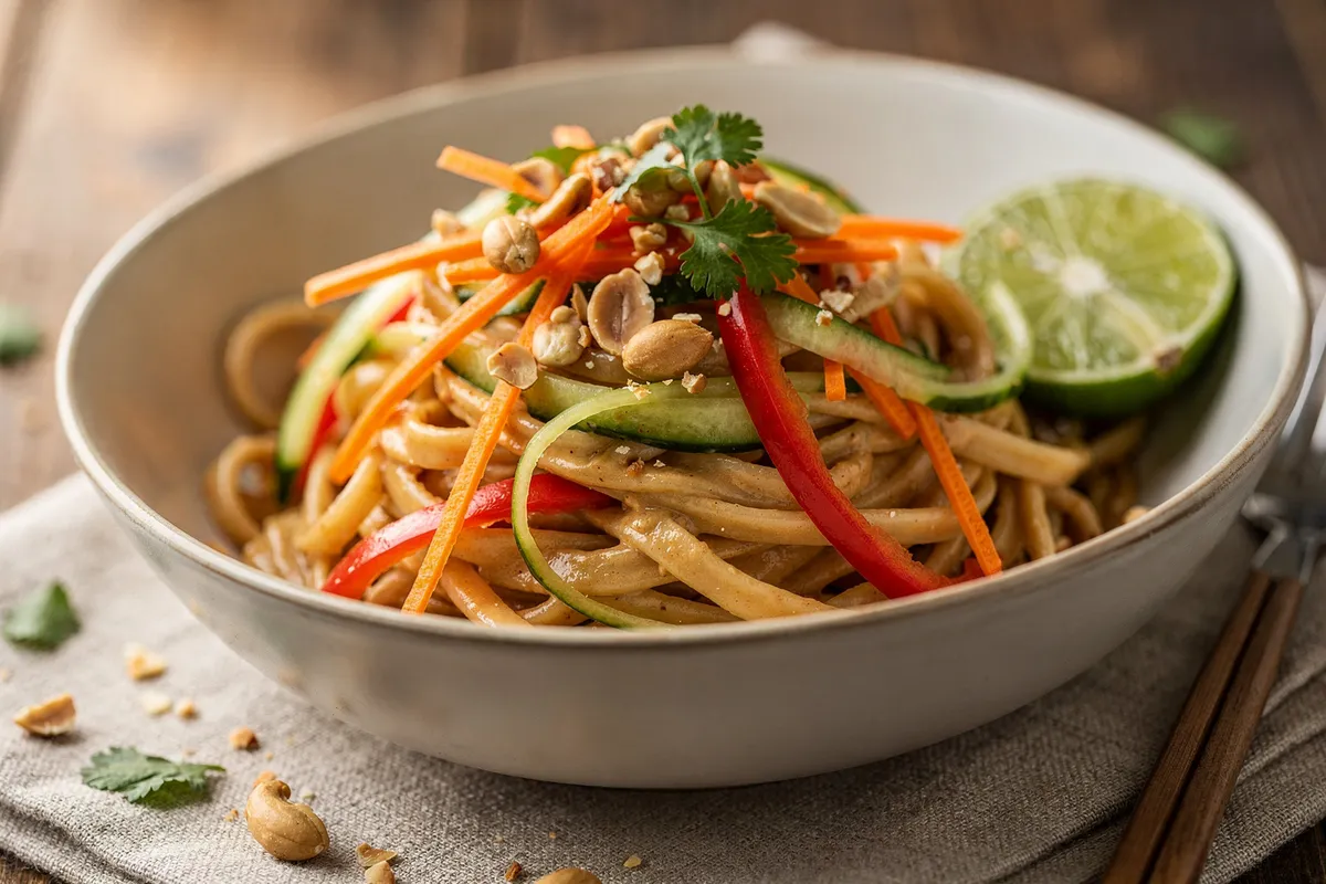 Illustration of Peanut Rice Noodles with Crunchy Vegetables (not a photo)