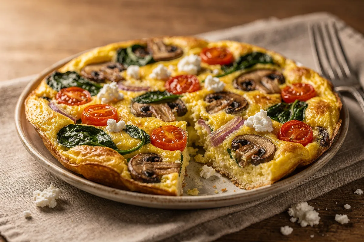 Illustration of Mushroom, Spinach, and Feta Frittata (not a photo)