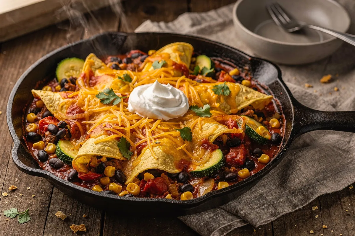 Illustration of Black Bean and Zucchini Enchilada Skillet (not a photo)