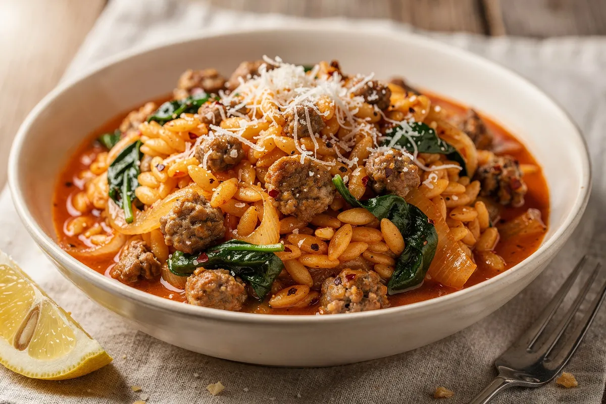 Illustration of One-Pot Sausage and Spinach Orzo (not a photo)