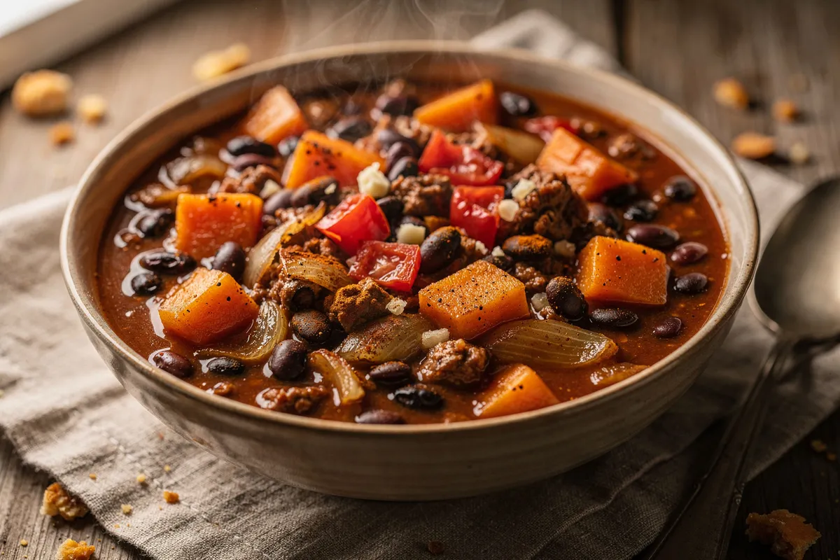 Illustration of Black Bean and Sweet Potato Chili (not a photo)