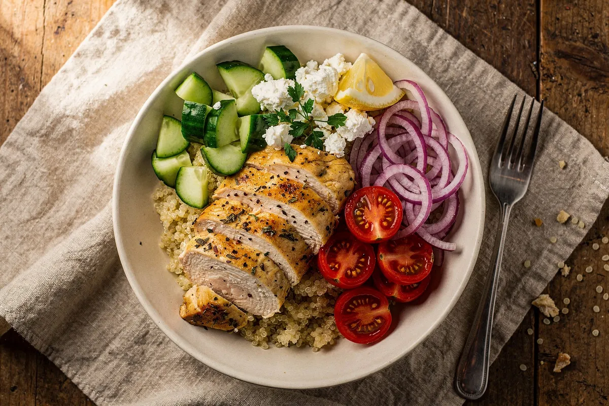Illustration of Greek Chicken Quinoa Bowls (not a photo)