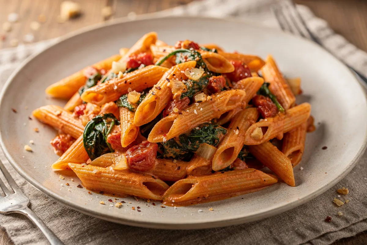Illustration of Creamy Tomato Spinach Penne (not a photo)
