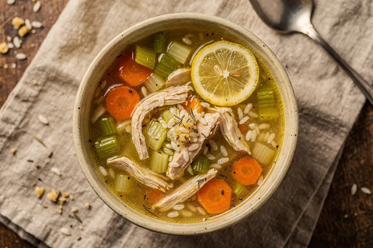 Illustration of Lemony Chicken and Rice Soup (not a photo)