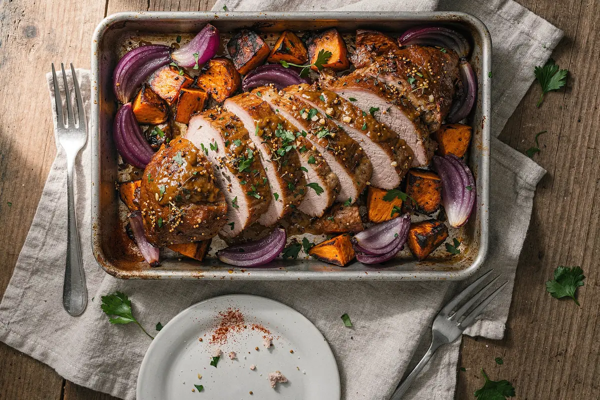 Illustration of Sheet-Pan Dijon Pork Tenderloin and Sweet Potatoes (not a photo)