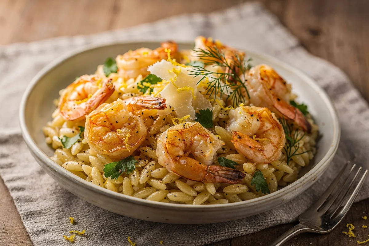 Illustration of One Pot Garlic Butter Shrimp and Orzo (not a photo)