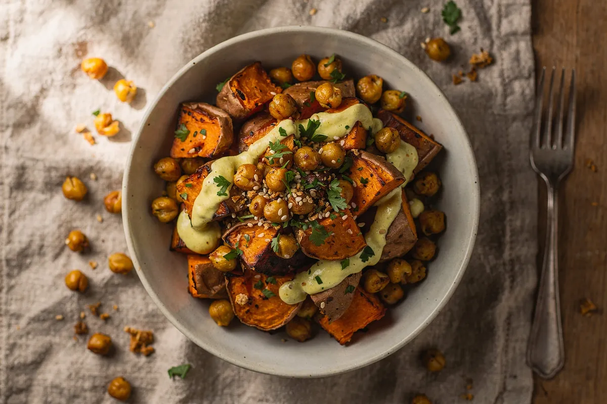 Illustration of Roasted Sweet Potato and Chickpea Bowls with Lemon Tahini (not a photo)